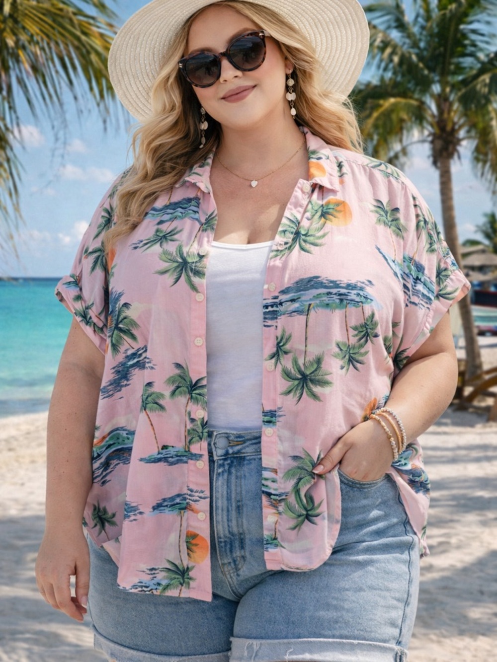 Old Navy Pink Tropical Print Vacation Resortwear Button Down Blouse Size XXL